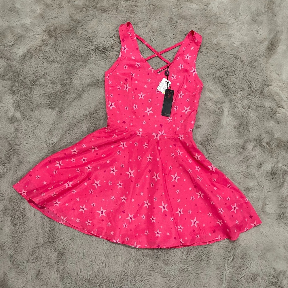 NWT Playboy Women's Pink Star Print Skater Dress Criss-Cross Back Size XS Sexy
